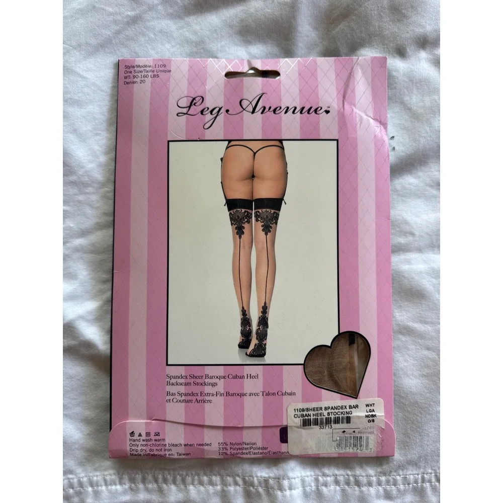 Leg Avenue 1109 Sheer Baroque Cuban Heel Backseam Stockings Nude Black O/S